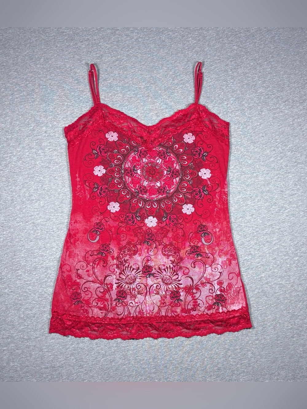 Y2K Tank Top Floral Mandala Lace Camisole Red Feminine Fairy Fang Women’s Size L